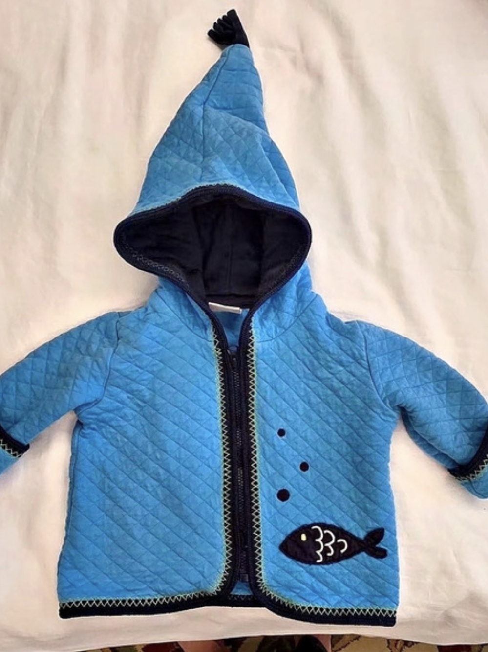 Hanna Andersson Quilted Zip Hooded Jacket w/ Fish Applique Blue Size 3-6 Months